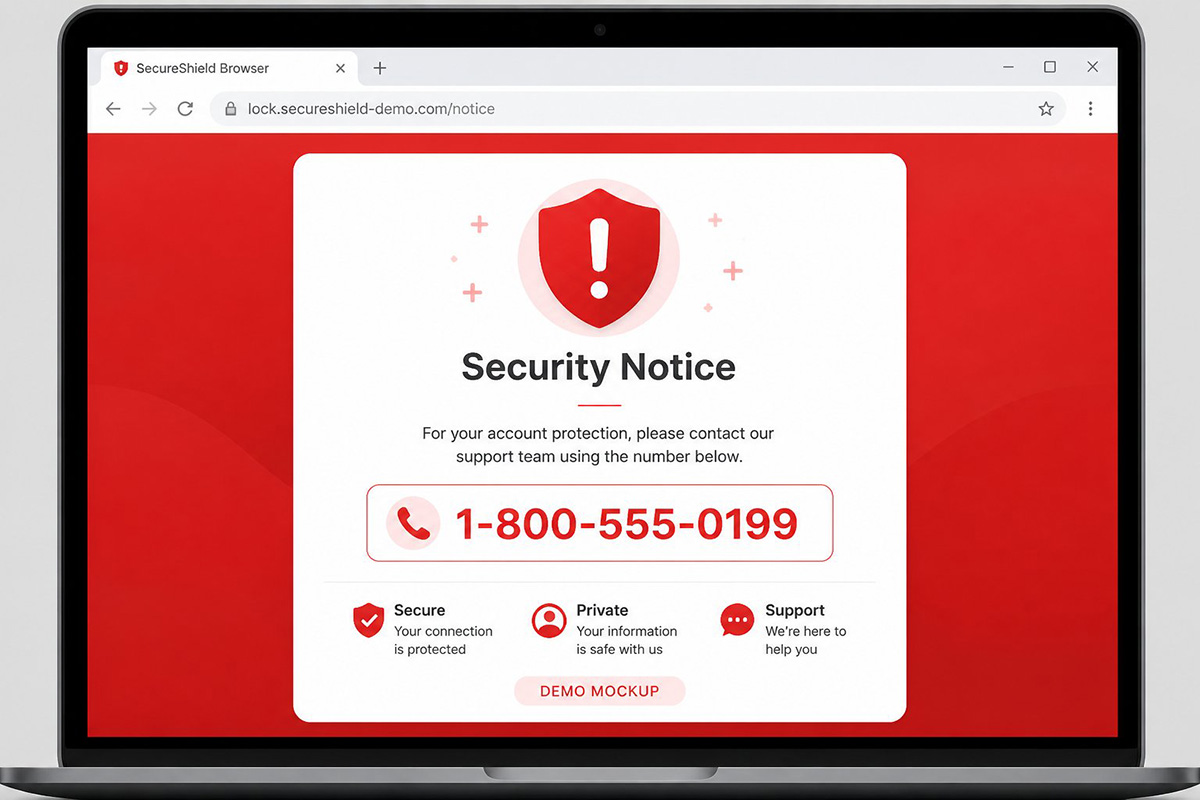 Flashing red warning message on computer screen mockup