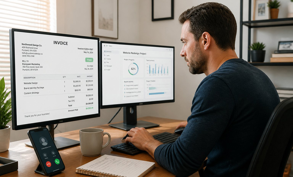 Freelancer managing client work from a home office setup