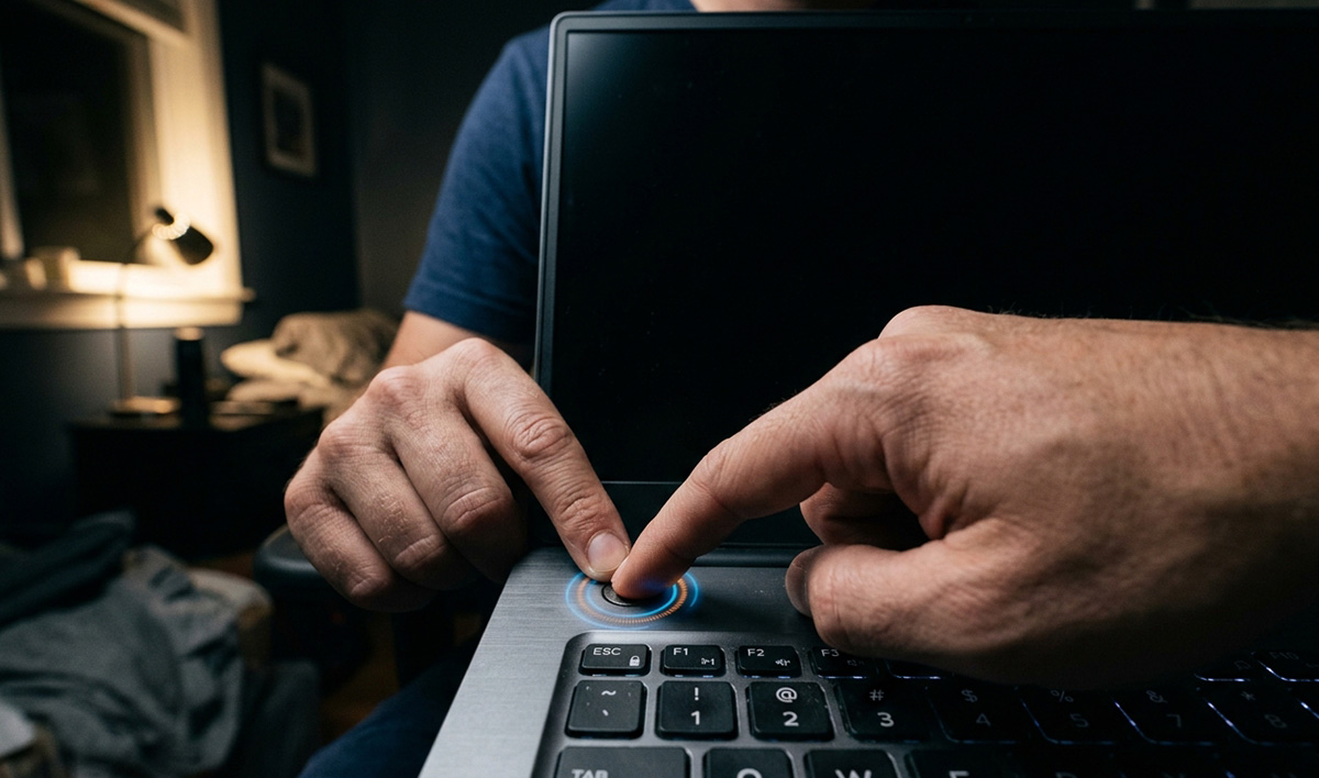 Hand holding down laptop power button for forced shutdown