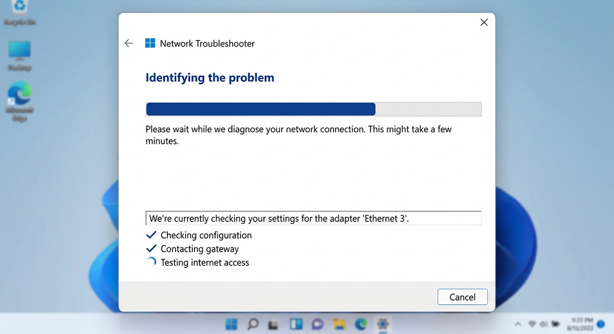 Windows troubleshooter running when Wi-Fi is connected but it says no internet access