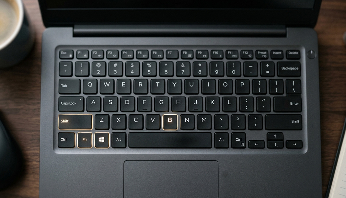 Laptop keyboard highlighting Windows, Control, Shift, and B shortcut