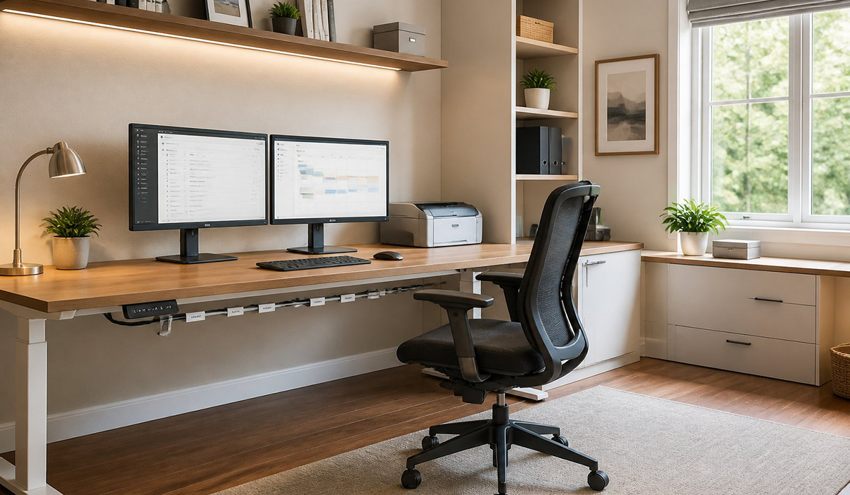 Fully equipped home office setup with organized tech and furniture