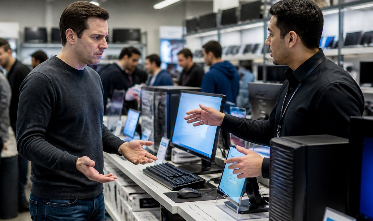 Retail salesperson pressuring a shopper to skip the upgrade or buy a new PC 