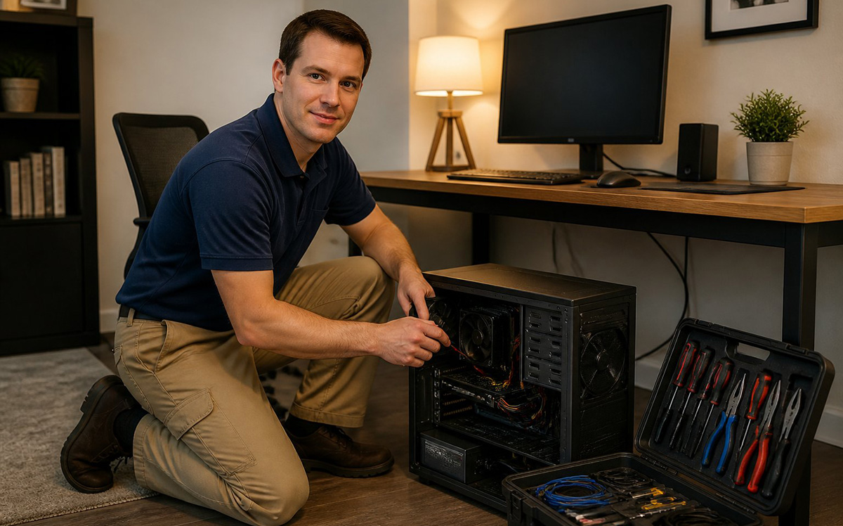 Technician performing in-person repair after a fake virus warning