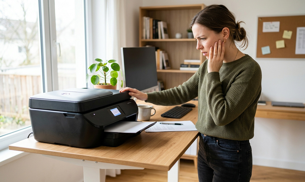 Close-up of a printer screen showing ready status while the printer won't print