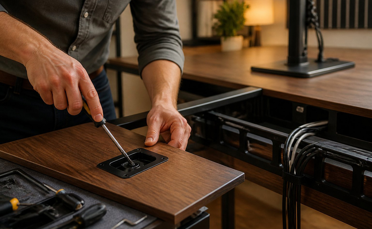 Technician performing computer desk assembly and cable setup in bright home office