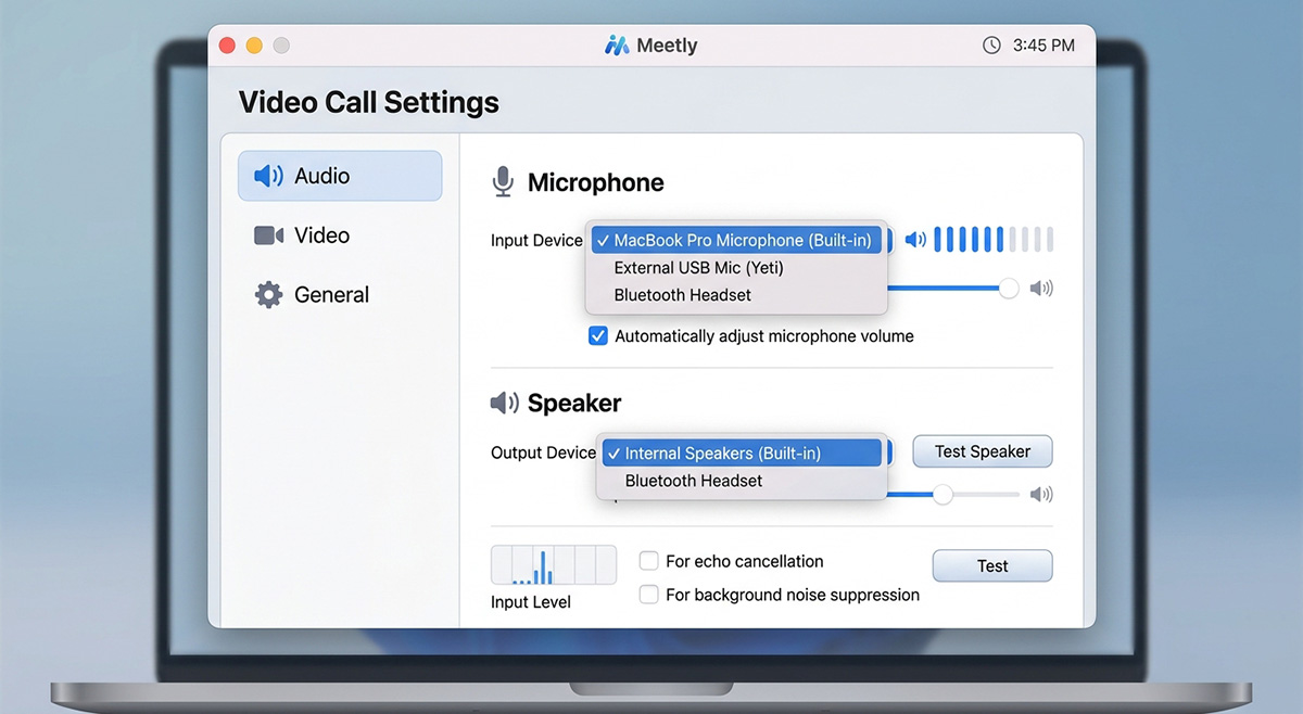 Camera and mic settings checked because video calls keep freezing