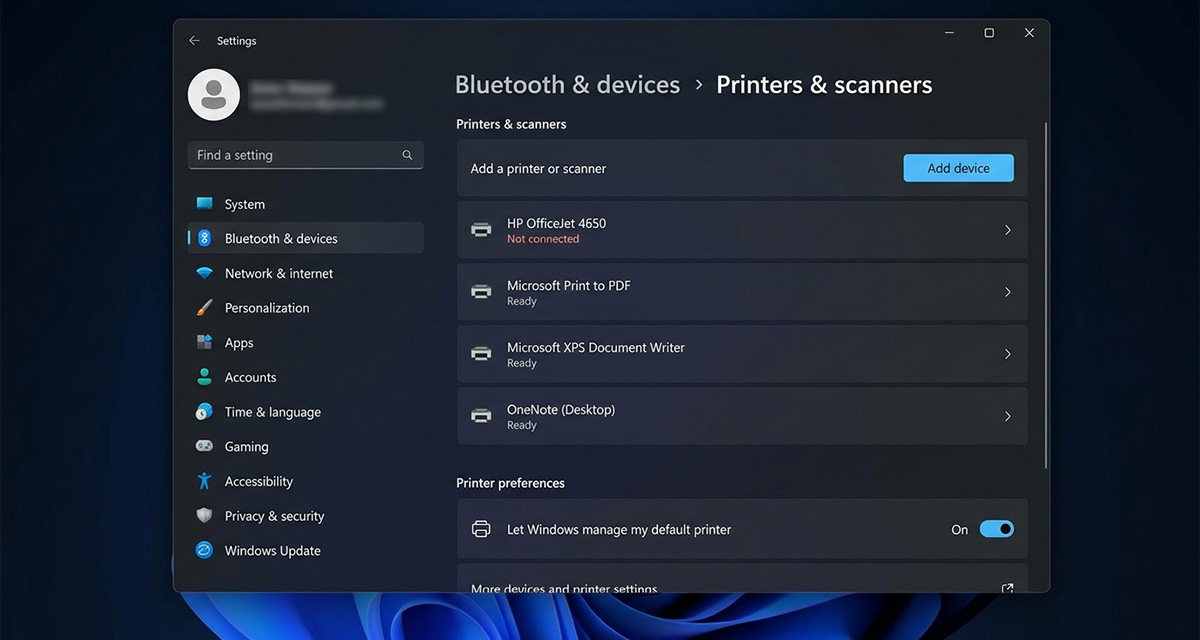 Windows printers and scanners settings screen for wireless printer connection issues