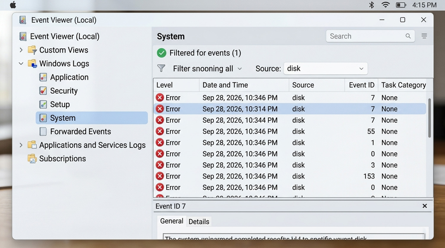 Event Viewer System log for how to tell if your hard drive is going bad