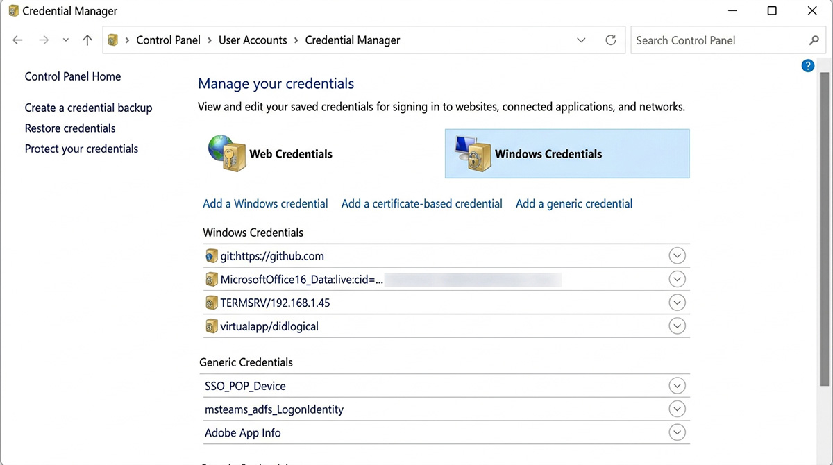 Windows Credential Manager screen for an outlook password prompt fix