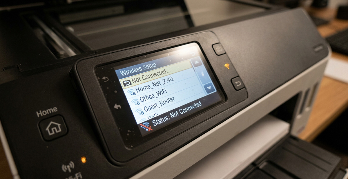 Printer wireless settings screen used to reconnect a wireless printer to a new router