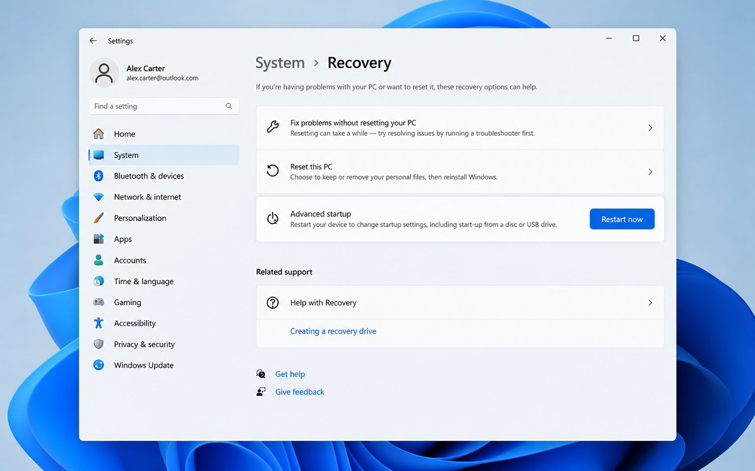 windows settings menu showing how to get into windows safe mode
