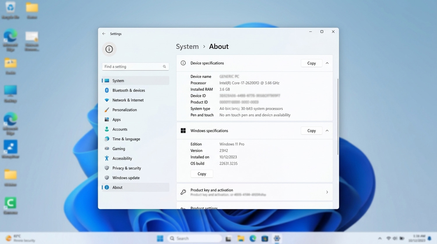 Settings About page showing the Windows 11 edition and version for support end date checks