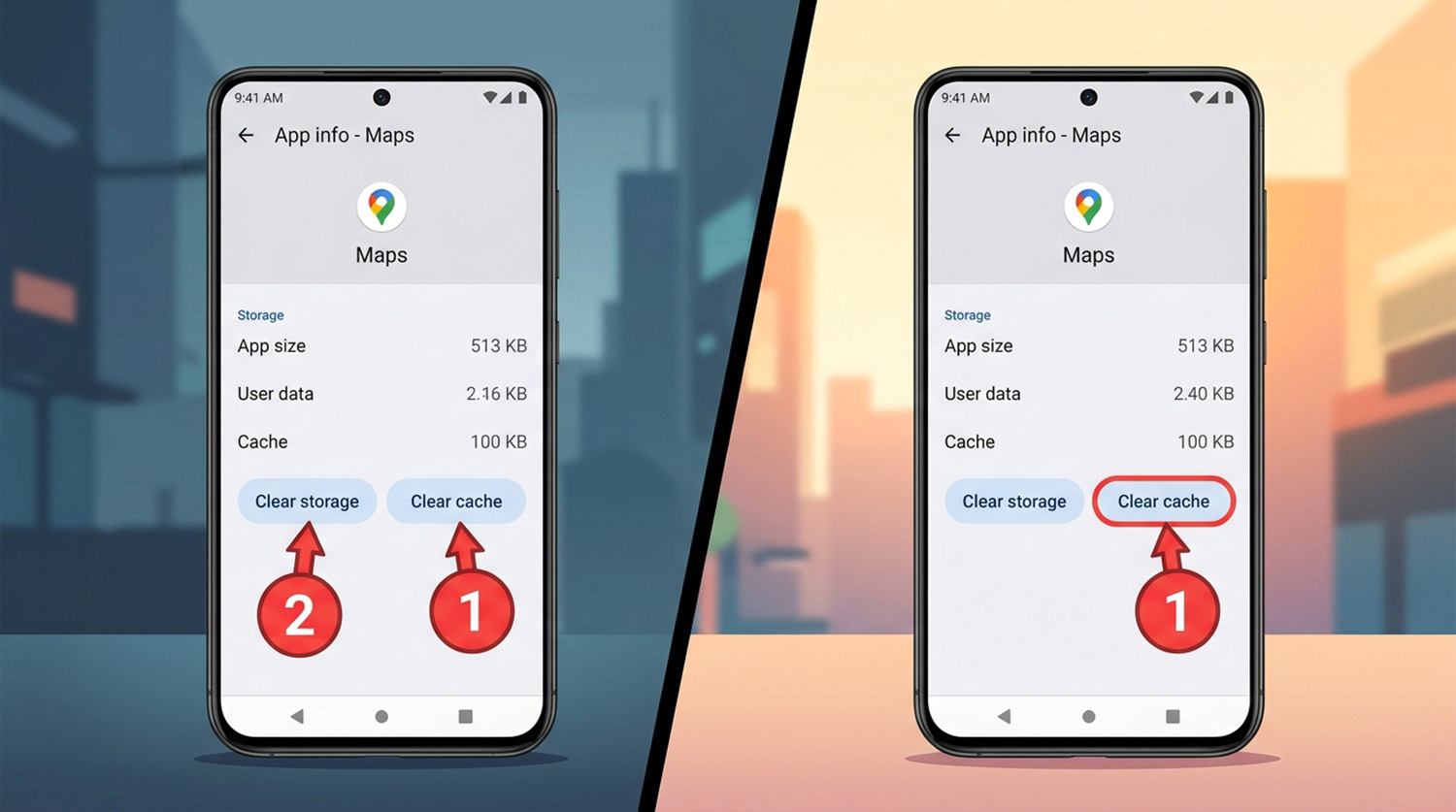 Android storage screen with Clear Cache button to fix google maps ride services popup